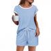 Women's Color Matched Short Sleeve Round Neck Top And Drawstring Shorts Set Soft Casual Two-Piece Suit_ecoleips.com