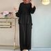 H730 Muslim Women's Solid Color Drawstring Tie Two-Piece Set Round Neck Top Wide-Leg Pants Elegant Ladies Suit_ecoleips.com