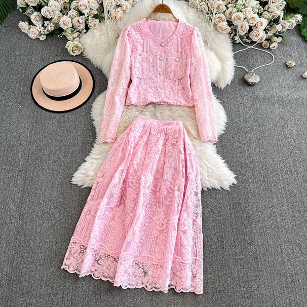 Female Temperament Celebrity Light Luxury Slim Lace Embroidery Beaded Top Skirt Two Piece Suit_ecoleips.com