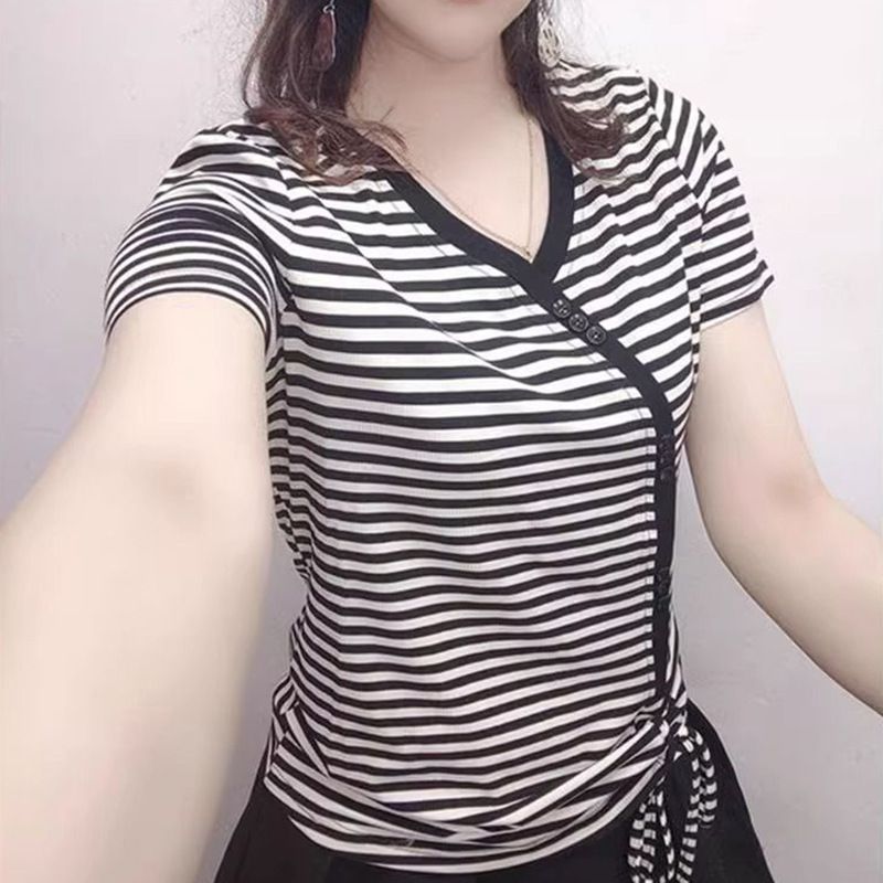 A Large-Size Women's Summer T-Shirt With A Sophisticated Design: Short-Sleeved, Striped, And Featuring A Drawstring Wais_ecoleips.com