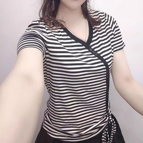 A Large-Size Women's Summer T-Shirt With A Sophisticated Design: Short-Sleeved, Striped, And Featuring A Drawstring Wais_ecoleips.com