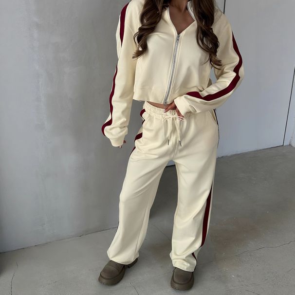 Women's Autumn Color-Block Knit Set, Contrast Trim Jacket With High-Waisted Pants, Casual Two-Piece Outfit_ecoleips.com