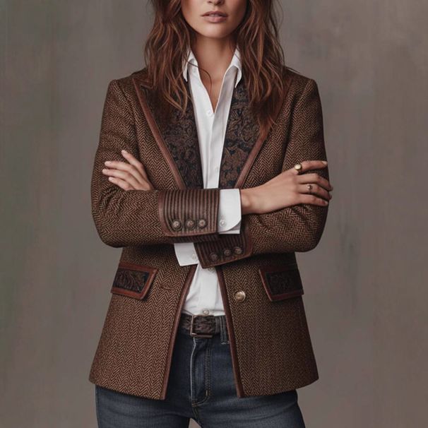 Vintage Contrast-Color Wool Blazer Coat For Women, Elegant Fall/Winter Thickened Tweed Jacket With Notched Lapel_ecoleips.com