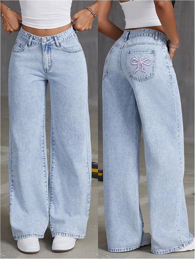 Bowknot Embroidered Jeans For Women Y2K Straight Loose Long Pants High Waist Slimming_ecoleips.com