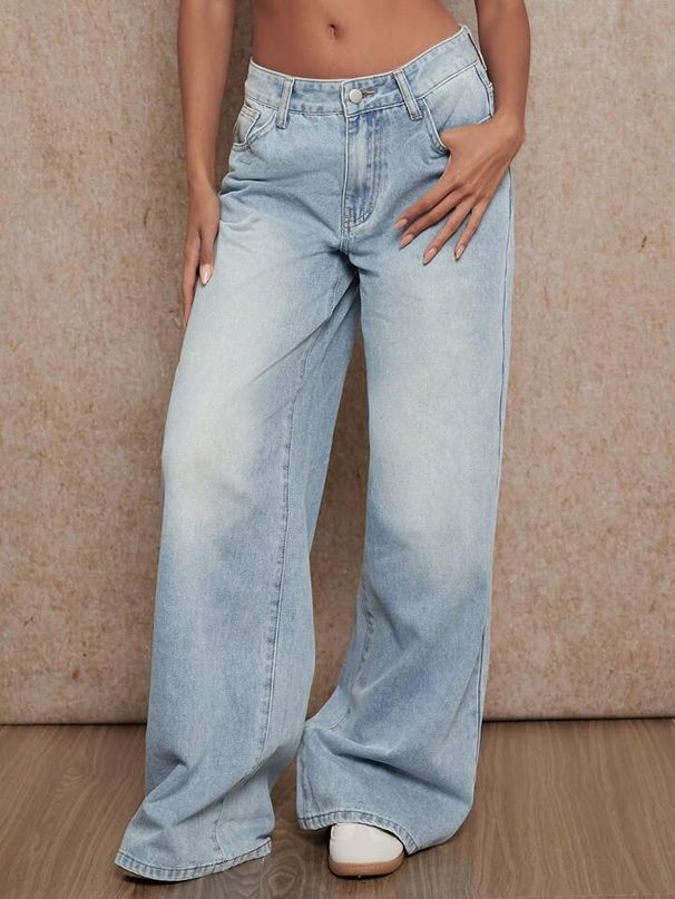 Women's Clothing Low Waist Wide Leg Pants Retro Washed Blue Slim Pants Spring_ecoleips.com