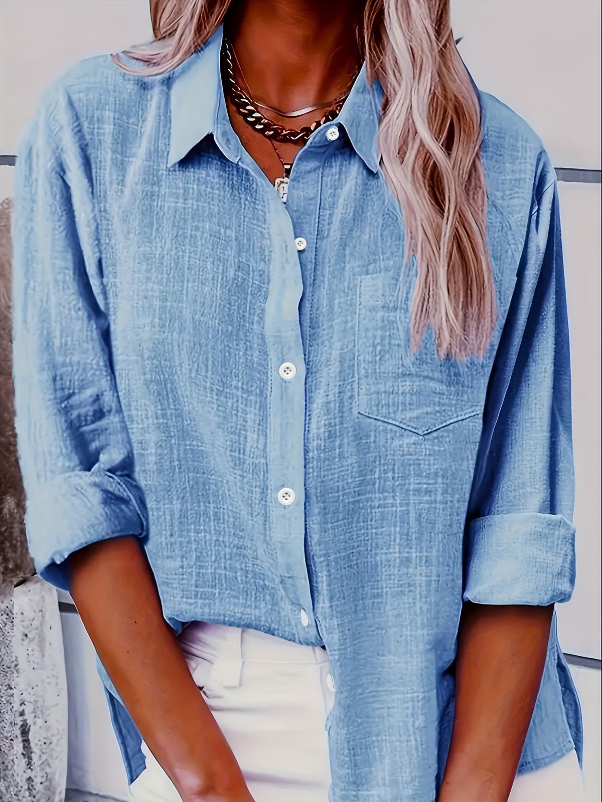 Women’S Oversized Cotton-Linen Button-Down Shirt – Autumn Essential In Sky Blue (Breathable & Wrinkle-Resistant For Work & Casual Wear)_ecoleips.com