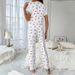 Women's Clothing Home Clothes Cherry Print Short Sleeved Lapel Pajamas Long Pants Two Piece Suit_ecoleips.com