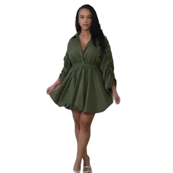 Women's Sexy Drawstring Waist Long Sleeve Dress - Stylish Puff Sleeve Shirt Collar Blouse For Casual & Commute (Yellow/Black/Army Green, S-3XL)_ecoleips.com