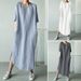Round Neck Half Sleeve Solid Color Side Split Middle Calf Cotton And Linen Dress Women_ecoleips.com