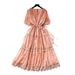 French Style Gentle A-Line Long Dress Korean Summer Elegant Waist Cinching Short Sleeved Lace Trimmed Women's Clothing_ecoleips.com