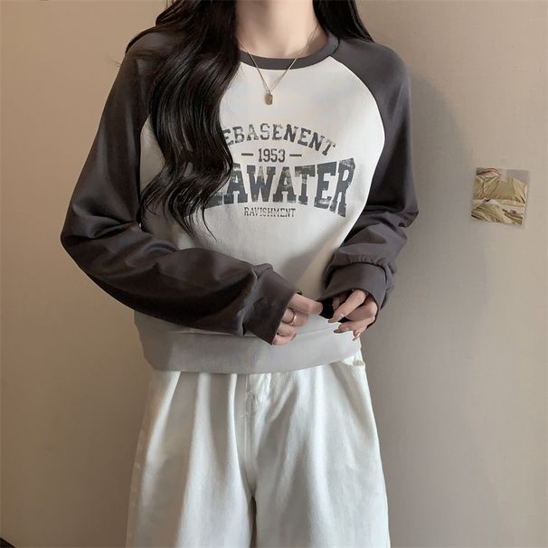 Real Shot Foreign Trade Women's Autumn And Winter Loose-fitting Short Raglan Long-sleeve T-shirt Contrasting Colors,_ecoleips.com