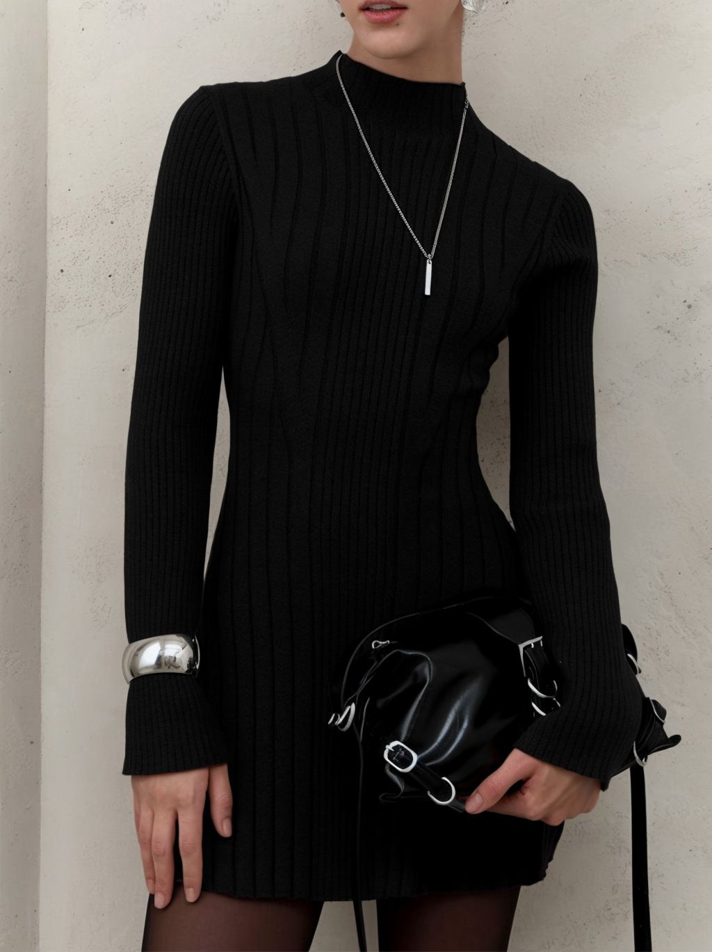 Long-sleeved Semi-turtleneck Dress Knitted Skirt 2025 Spring Foreign Trade European And American Temperament Playful A-word Short Skirt_ecoleips.com