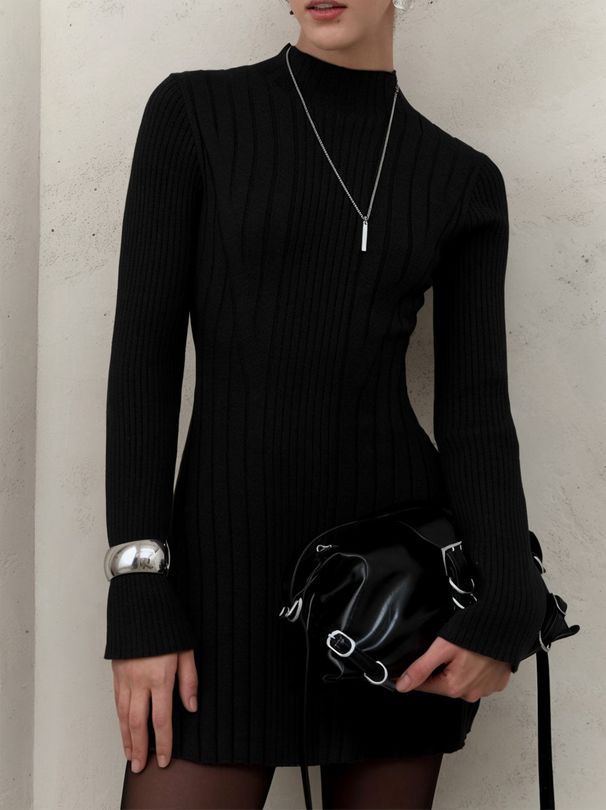 Long-sleeved Semi-turtleneck Dress Knitted Skirt 2025 Spring Foreign Trade European And American Temperament Playful A-word Short Skirt_ecoleips.com