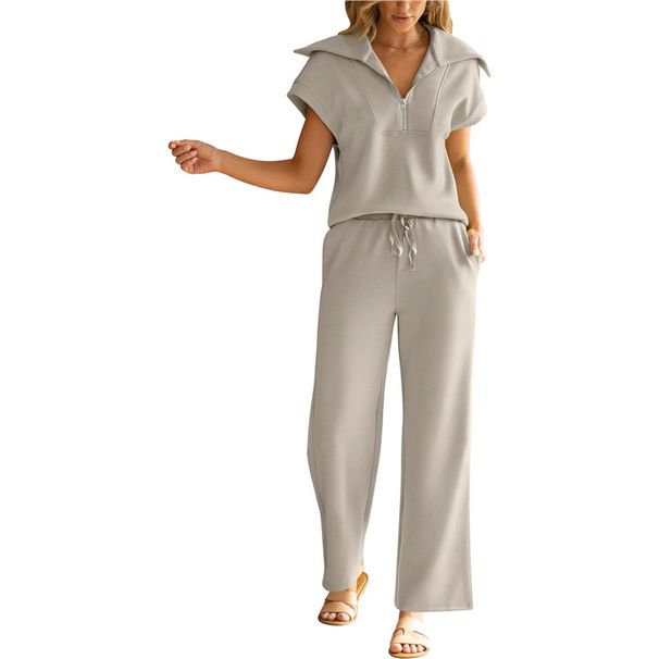 Summer Casual Sports Suit For Women Zipper Short Sleeve Sweatshirt And Wide Leg Pants Two Piece Set_ecoleips.com