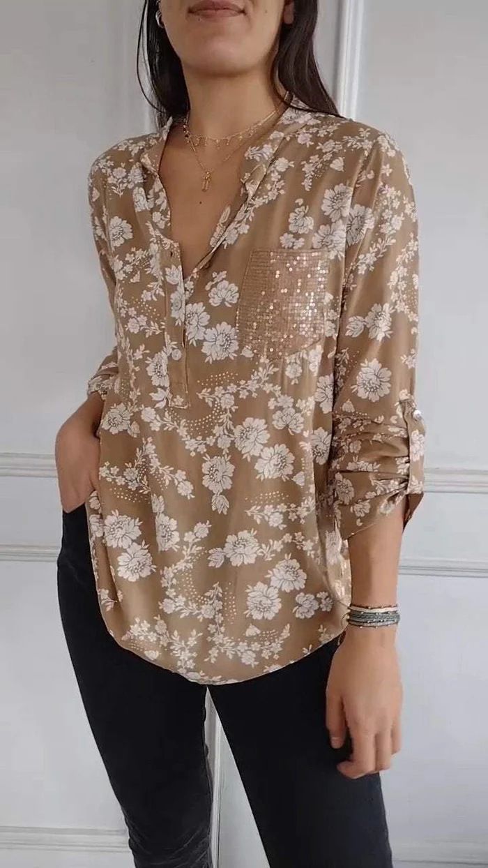 Women's Clothing Loose Casual Long Sleeved Printed Pocket Shirt_ecoleips.com