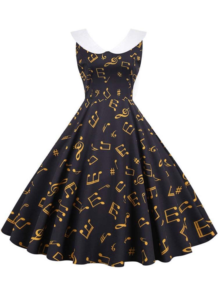 Summer Dress Women Sweet Peter Pan Collar Vintage Elegant Music Note Print Slim Sleeveless Party Dresses Robe_ecoleips.com