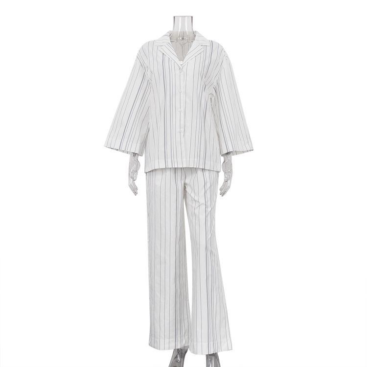 Women's Clothing New Style Lapel Three Quarter Sleeve Cardigan Top Loose Wide Leg Pants Two Piece Suit_ecoleips.com