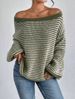 Cross-Border Off-Shoulder Knitted Versatile Loose Color-Block Striped Lantern Sleeve Lazy Sweater For Women_ecoleips.com