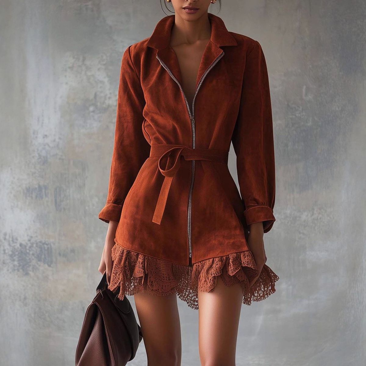 Women's Clothing Retro Suede-Like Zip-Up Mini Dress With High Neck & Pockets, Flowy A-Line Silhouette For Autumn/Winter, Boho Chic Outfit_ecoleips.com
