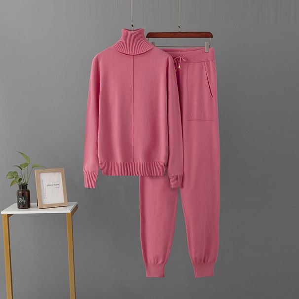 Women's Knitted Set Turtleneck Sweater And High-Waisted Loose Pants Casual Sportswear_ecoleips.com