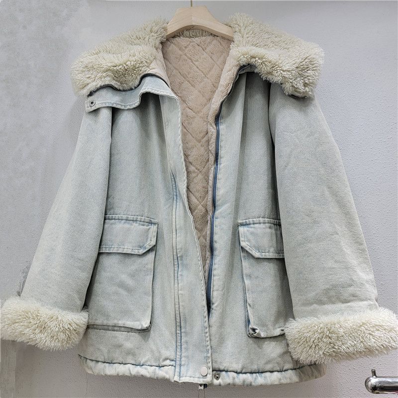 girl Large Lapel Denim Parka For Women Korean Style 2025 Winter New High-end Feel Inner Fleece Lined Thickened Coat_ecoleips.com