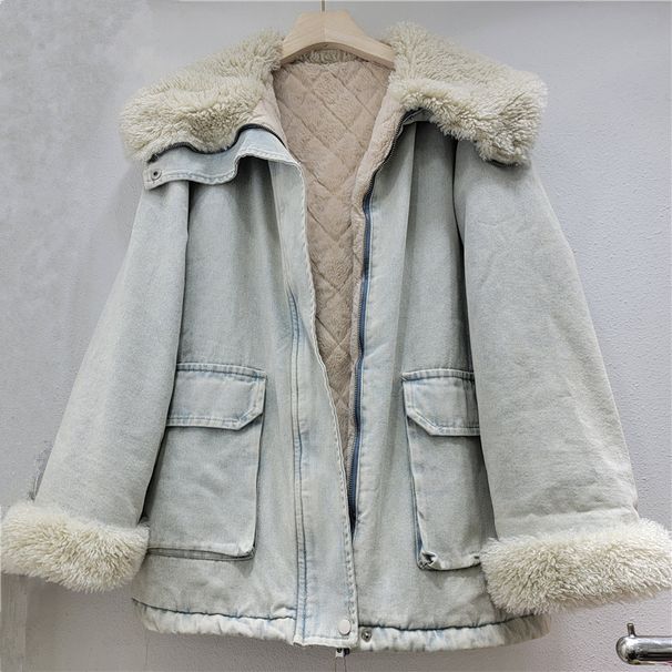 girl Large Lapel Denim Parka For Women Korean Style 2025 Winter New High-end Feel Inner Fleece Lined Thickened Coat_ecoleips.com