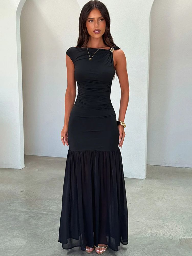Mozision Diagonal Collar Sleeveless Sexy Maxi Dress Women Elegant Backless Bodycon Pleated Ruched Club Party Long Dresses_ecoleips.com