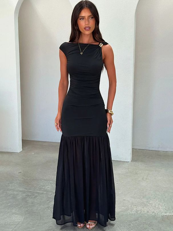 Mozision Diagonal Collar Sleeveless Sexy Maxi Dress Women Elegant Backless Bodycon Pleated Ruched Club Party Long Dresses_ecoleips.com