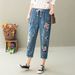 Japanese Ethnic Style Plus-size Denim Cropped Pants With Ripped Details Embroidered Floral Bird Patterns, Women's Jeans,_ecoleips.com