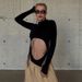 Women's Black Strappy Cutout Jumpsuit round Neck Slim Fit Cropped Long Sleeves Trendy Sexy T-Shirt Wholesale_ecoleips.com