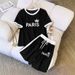 Women's Casual Summer French Style Crown Letter Print Short Sleeve Shorts Set Relaxed Fit Comfort Outfit_ecoleips.com
