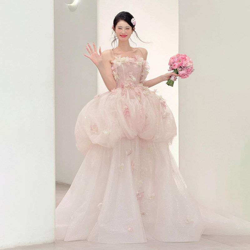 French Style Light Off-Shoulder Wedding Dress 2026 New Ethereal Flowy Tulle Evening Gown for Women_ecoleips.com