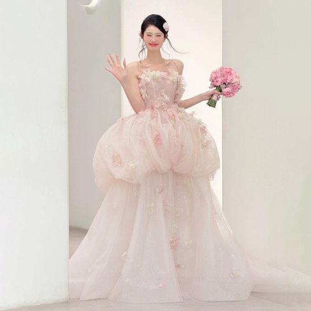 French Style Light Off-Shoulder Wedding Dress 2026 New Ethereal Flowy Tulle Evening Gown for Women_ecoleips.com