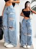 European And American Cross-border Foreign Trade Ripped Jeans, Washed High-waisted Straight-leg Versatile Slim-fit Denim_ecoleips.com