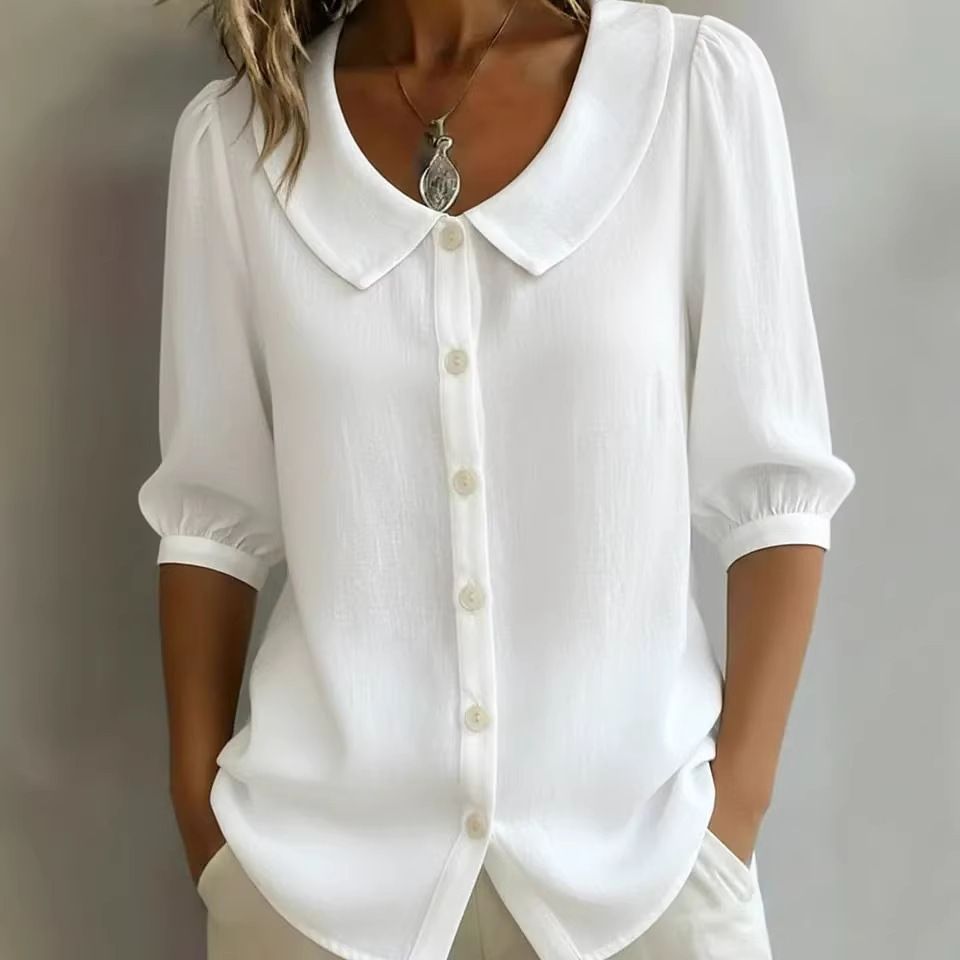 Women's Clothing Women's Summer Style Loose V Neck Linen Shirt Short Sleeve Design Niche Commuter Top For Formal & Casual_ecoleips.com