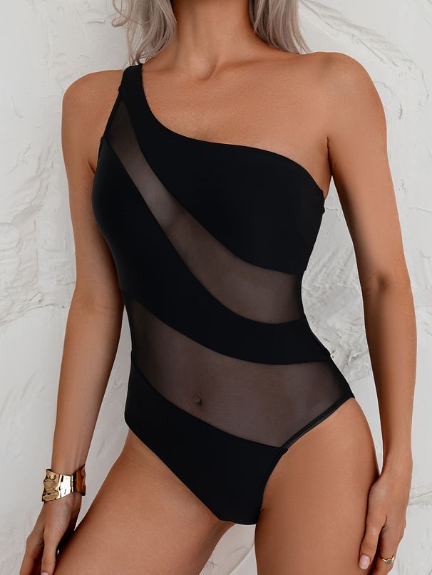 Women's Clothing One Piece Black Sexy Mesh Swimsuit Ladies Solid Color Swimsuit_ecoleips.com