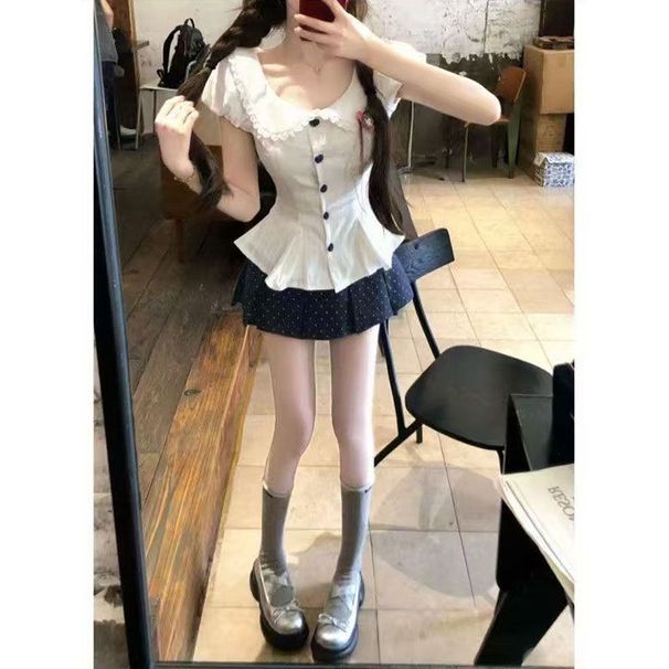 Women's 2026 Summer College Style Outfit: Pure Alluring Doll Collar Slim-Fit Short-Sleeve Shirt Top And Slimming Polka_ecoleips.com