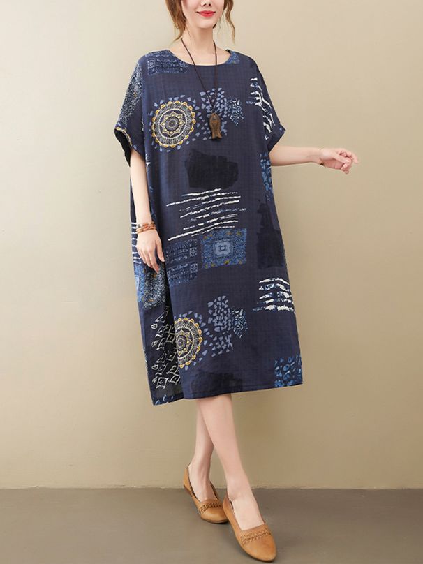 Short Sleeve Cotton Linen Vintage Print Summer Dresses For Women 2026 New Casual Loose Midi Holiday Ladies Dress Elegant Clothes_ecoleips.com