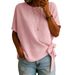 Women's Clothing Solid Color T-Shirt Short Sleeve Knotted Hem Loose Fit Summer Top_ecoleips.com