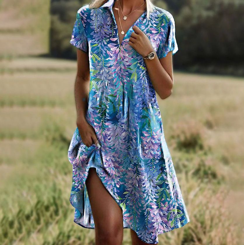 Women's Clothing Summer New Women's Round Neck Short Sleeved Long Skirt Bohemian Printed Dress Female_ecoleips.com