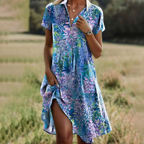 Women's Clothing Summer New Women's Round Neck Short Sleeved Long Skirt Bohemian Printed Dress Female_ecoleips.com
