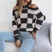 Autumn And Winter New Casual Off-shoulder Color-blocking Plaid Lantern Long-sleeve Sweater Women's Clothing_ecoleips.com