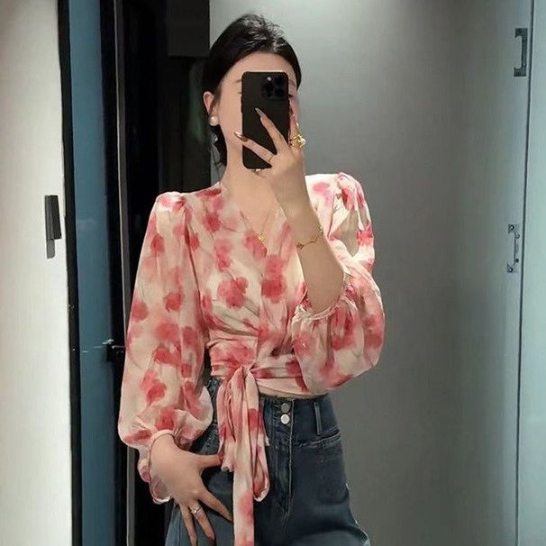 Vintage Hong Kong Style Floral Cross-Strap Top For Women, Spring/Summer Collection, Beautiful And Exquisite, Slim Fit,_ecoleips.com