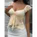 Women's Y2K Semi-Sheer Lace-Shirt/Heart Neckline & Cap Sleeves/Blouse-Compatible Solid Color Stretch Blouse/Suitable_ecoleips.com