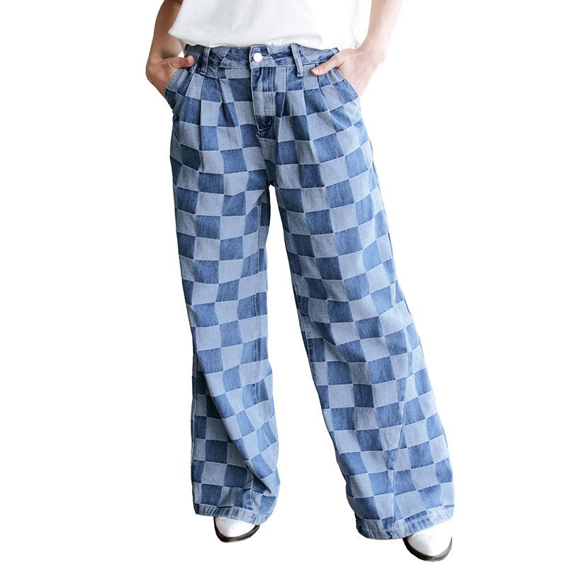 Women's High-Waisted Wide-Leg Checkered Print Casual Pants Loose Fit Autumn Fashion European American Style Jeans_ecoleips.com