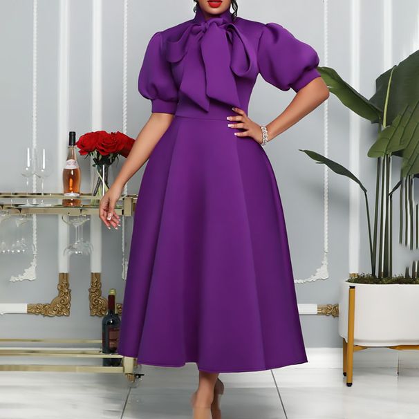 plus Size Women's Solid Color Large Skirt Dress European American Style Bow Knot Detail Regular Thickness Summer Fashion_ecoleips.com