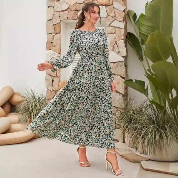 2023 Autumn European And American Cross-Border Floral Print Casual Outdoor Round Neck Long Sleeve Elegant Dress_ecoleips.com