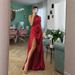 Women's Clothing Winter New Fashion Personality Slant Neck Off Shoulder Gathered Glossy Shiny Side Slit Banquet Dress_ecoleips.com