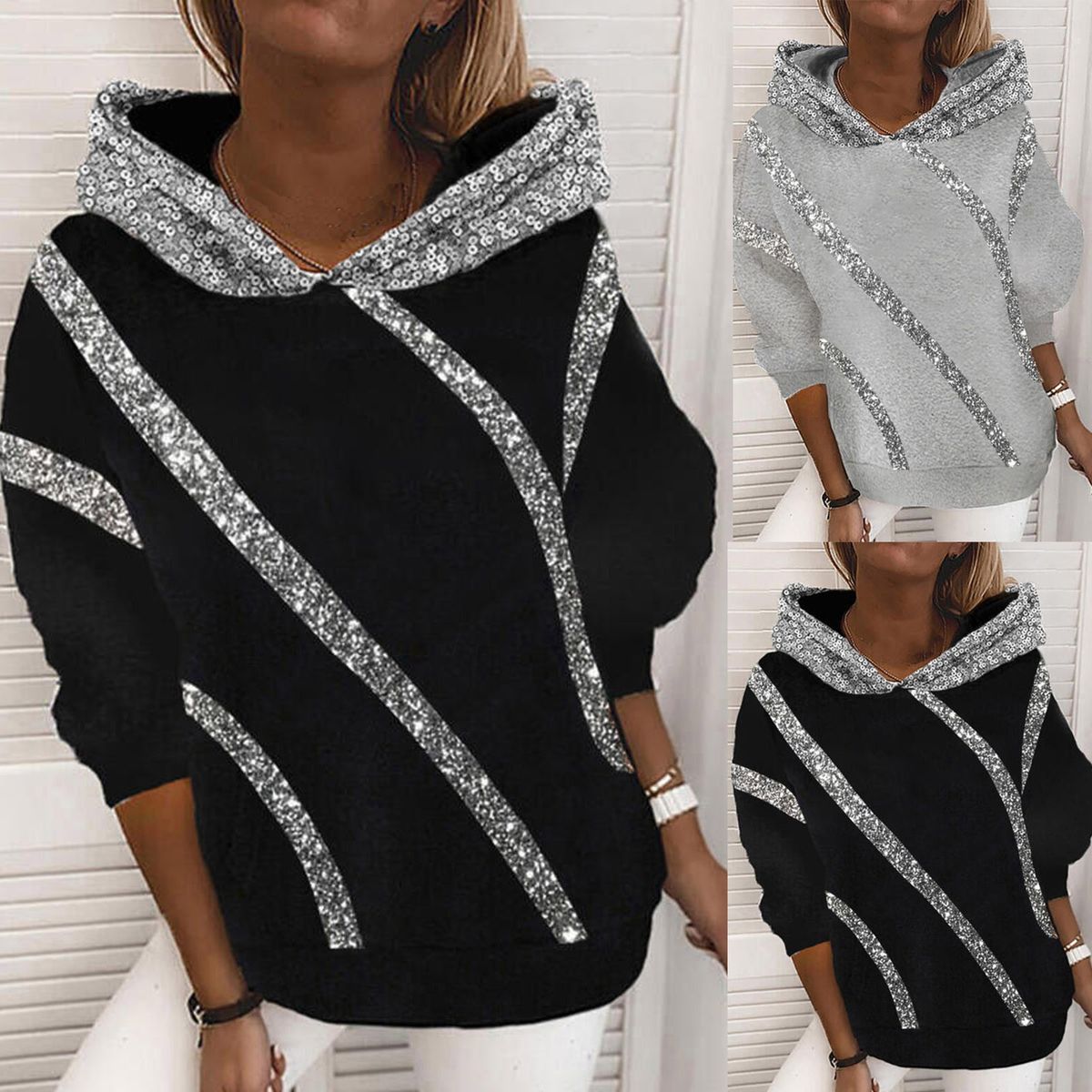 Trendy Oversized Hoodie Women's Pullover With Sparkle Applique - Streetwear Casual Comfort Fit In Black & Grey (S-3xl)_ecoleips.com
