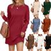 Women's Clothing Round Neck Back Pleated Pocket Long Sleeve Sweater Dress_ecoleips.com